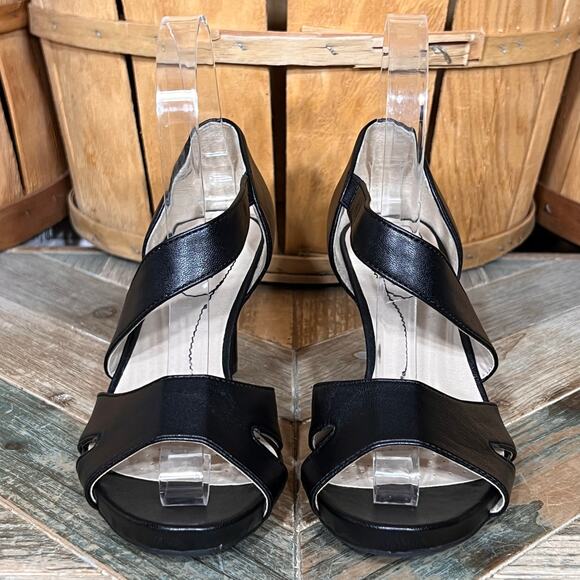 Life Stride Mega Faux Black Leather Pump Heel Peep Toe Dress Sandals Womens 6 - Picture 4 of 11